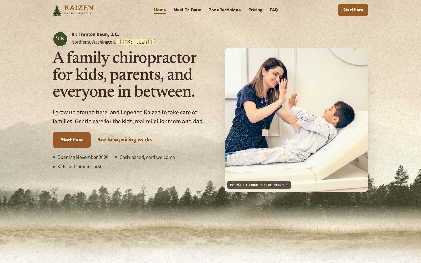 Preview of Option A: a pine treeline and meadow at dawn under the headline